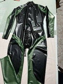 Black and Metallic Green Blocked Rubber Bodysuit Latex Catsuit Back Crotch Zipper