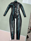 Black Latex Bodysuit with Light Blue Stripes and A Zipper At The Crotch