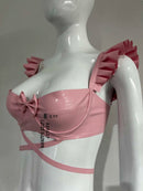 Latex bra with underwire, bow detail, and ruffled straps.
