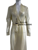 Transparent Latex Overcoat Rubber Long Sleeve Buttoned Coat with Belt Turndown Collar Long Jackets