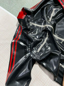 Latex Jacket/Coat — Black & Red Stylish Paneling with Double Red Stripe Accents