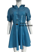 Women's Raglan Sleeves Hooded Dress Rubber Puff Short Sleeved A-line Pleated Midi Dresses