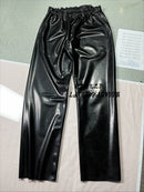 Black Unisex Latex Wide-leg Pants with Elastic Waistband and Pockets
