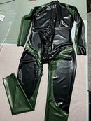 Black and Metallic Green Blocked Rubber Bodysuit Latex Catsuit Back Crotch Zipper