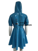 Women's Raglan Sleeves Hooded Dress Rubber Puff Short Sleeved A-line Pleated Midi Dresses