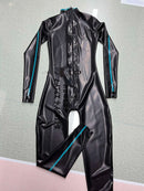 Black Latex Bodysuit with Light Blue Stripes and A Zipper At The Crotch