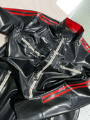 Latex Jacket/Coat — Black & Red Stylish Paneling with Double Red Stripe Accents