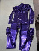 Metallic Purple Women's Latex Sexy Bodysuit with 3D Chest and Back Crotch Zipper