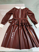 Lady Latex Puff Long Sleeve Pleated Dress Sissy Bowknot Slim and Flared Knee-Length Dress with Belt