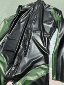 Black and Metallic Green Blocked Rubber Bodysuit Latex Catsuit Back Crotch Zipper