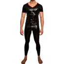 Sexy Black Men's Neck Entry Catsuit Short Sleeve   Rubber Bodysuit  Round Collar Customize
