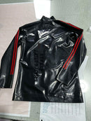 Latex Jacket/Coat — Black & Red Stylish Paneling with Double Red Stripe Accents