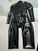 Latex catsuit/bodysuit with back and crotch zippers.