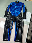 Black and Metallic Blue Blocked Latex Catsuit Rubber Bodysuit with Back and Crotch Zippers