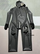 Dark Gray Latex Catsuit, Rubber Bodysuit with Gloves, Socks, and Gas Mask.