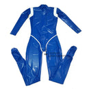 Blue and White Latex Bodysuit Rubber Catsuit with Back Crotch Zipper