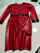 Women's Latex Round-neck Dress with Black and Red Color Blocking.
