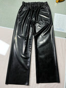 Black Unisex Latex Wide-leg Pants with Elastic Waistband and Pockets