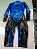Black and Metallic Blue Blocked Latex Catsuit Rubber Bodysuit with Back and Crotch Zippers