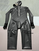 Dark Gray Latex Catsuit, Rubber Bodysuit with Gloves, Socks, and Gas Mask.