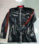 Latex Jacket/Coat — Black & Red Stylish Paneling with Double Red Stripe Accents
