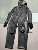 Dark Gray Latex Catsuit, Rubber Bodysuit with Gloves, Socks, and Gas Mask.
