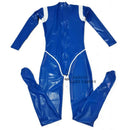 Blue and White Latex Bodysuit Rubber Catsuit with Back Crotch Zipper