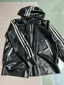Latex Sports Jacket, Rubber Hooded Top with Side Stripes.