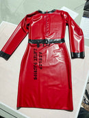 Women's Latex Round-neck Dress with Black and Red Color Blocking.
