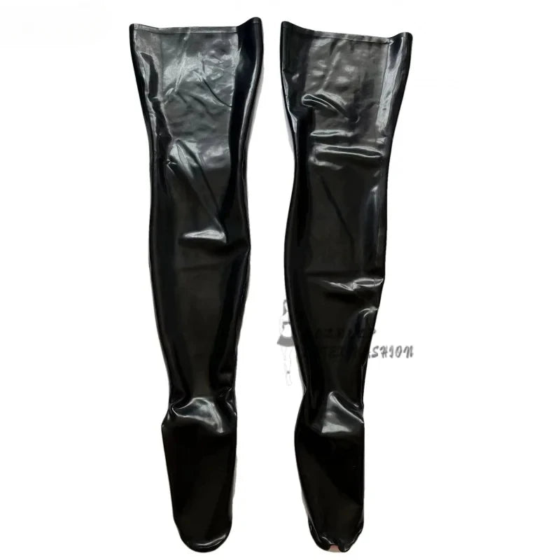 Sexy Long Latex Stockings with Cross and Stripes at Back Heel Rubber Thigh High Stockings