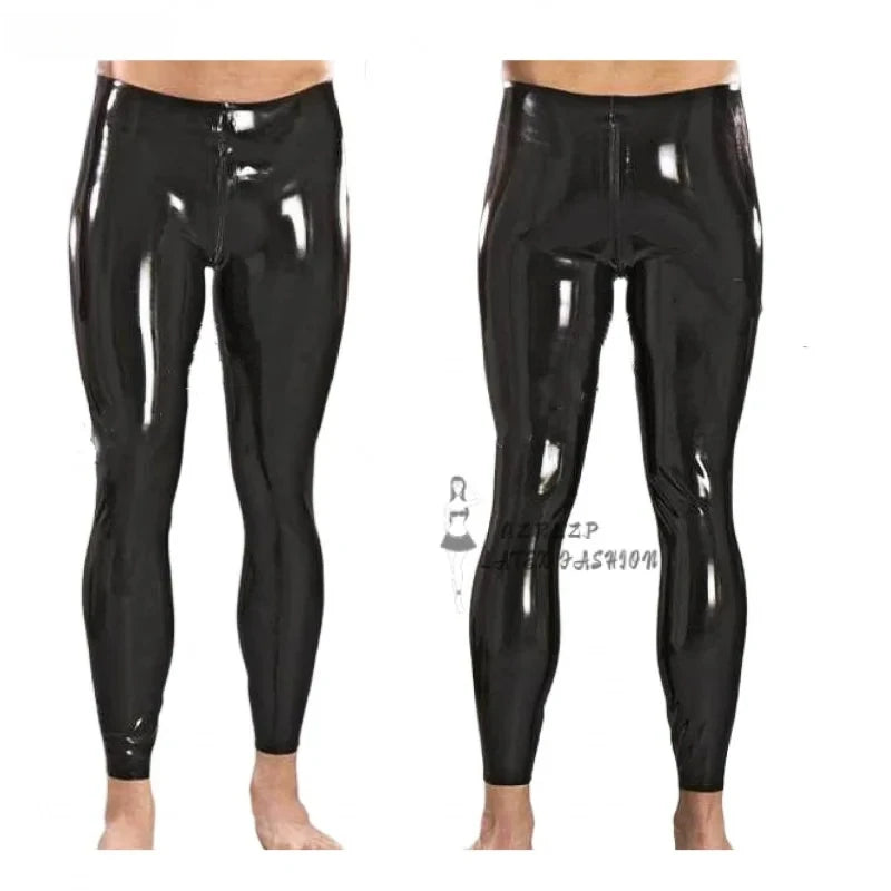 Men Rubber Trousers Bottoms Latex Leggings Pants Crotch Zipper