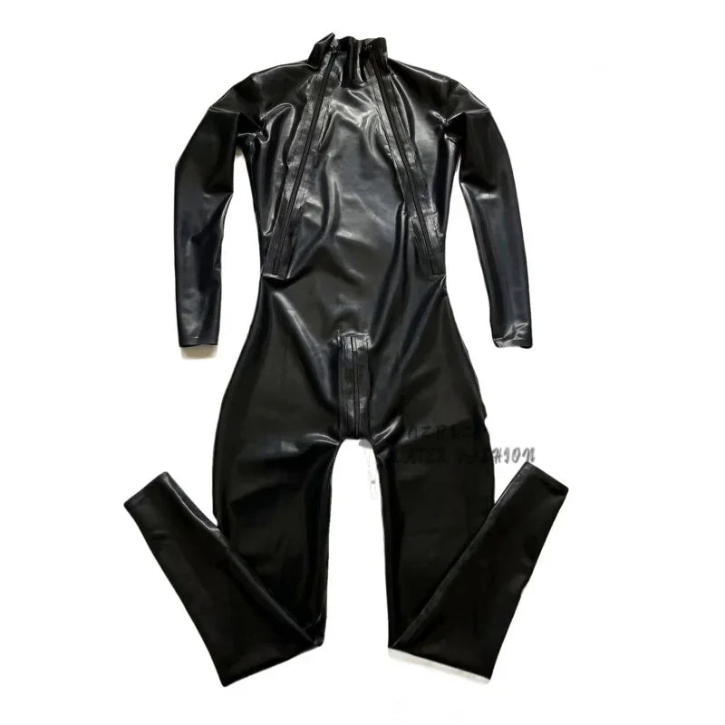 Natural Latex Male Shoulder-Zip Catsuit Doubleiagonal Zipper Rubber Bodysuits Cosplay