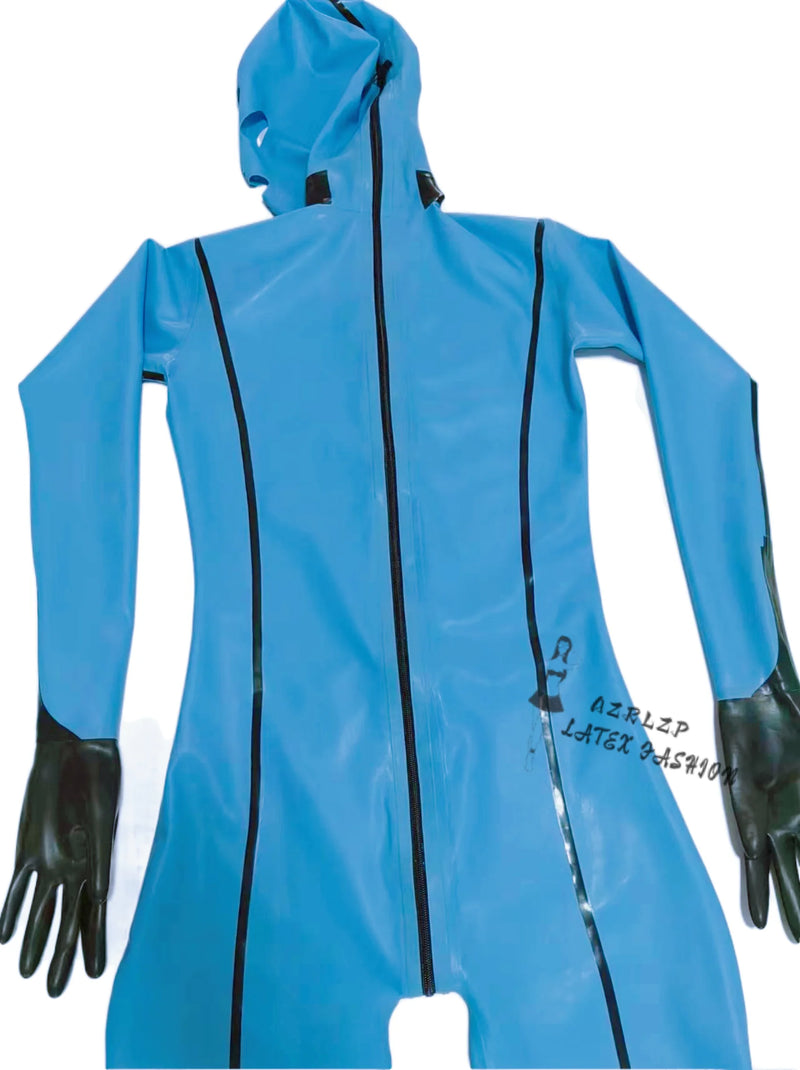 Latex Suit Rubber Full-Body Catsuit Suit Light Blue Hood Catsuit Size