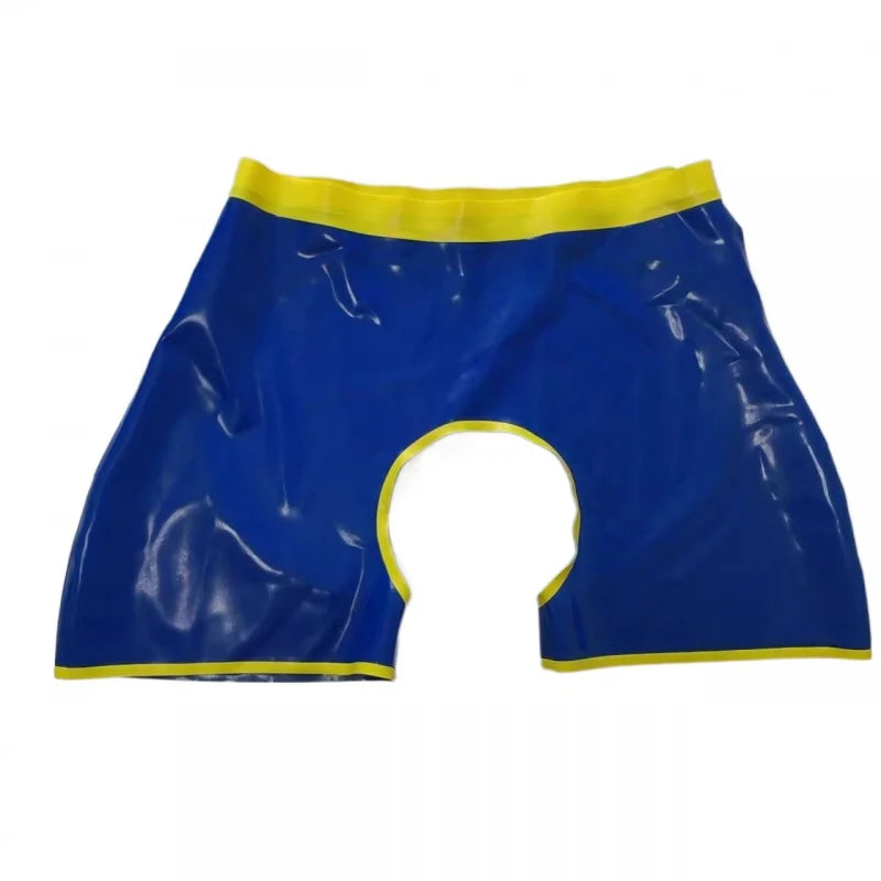 Latex Panties Mens Fetish Underwear Latex Rubber Boxer Shorts with Open Front and Back with Trim Sexy Erotic Panties