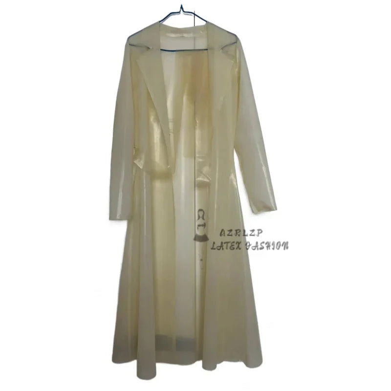 Clear Latex Rubber Sexy Perspective Trench Turn-Down Neck Raincoats With Belt Long Jacket Suit Transparency Coats Dress