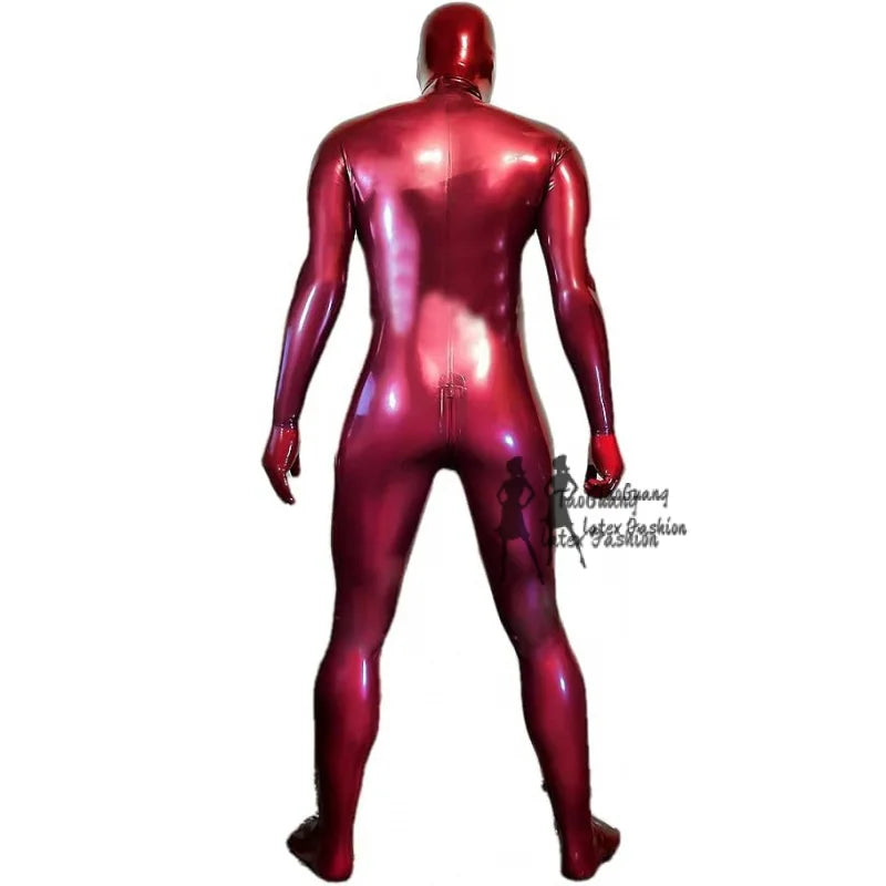 Sexy Men Latex Full Body Catsuit Rubber Bodysuits Hood Fake Breast Pocket Crossdress with Crotch Zipper