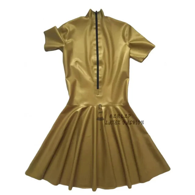 Sexy Gold Latex Dress Back Zipper Short Sleeves Rubber Uniform Bodycon Playsuit