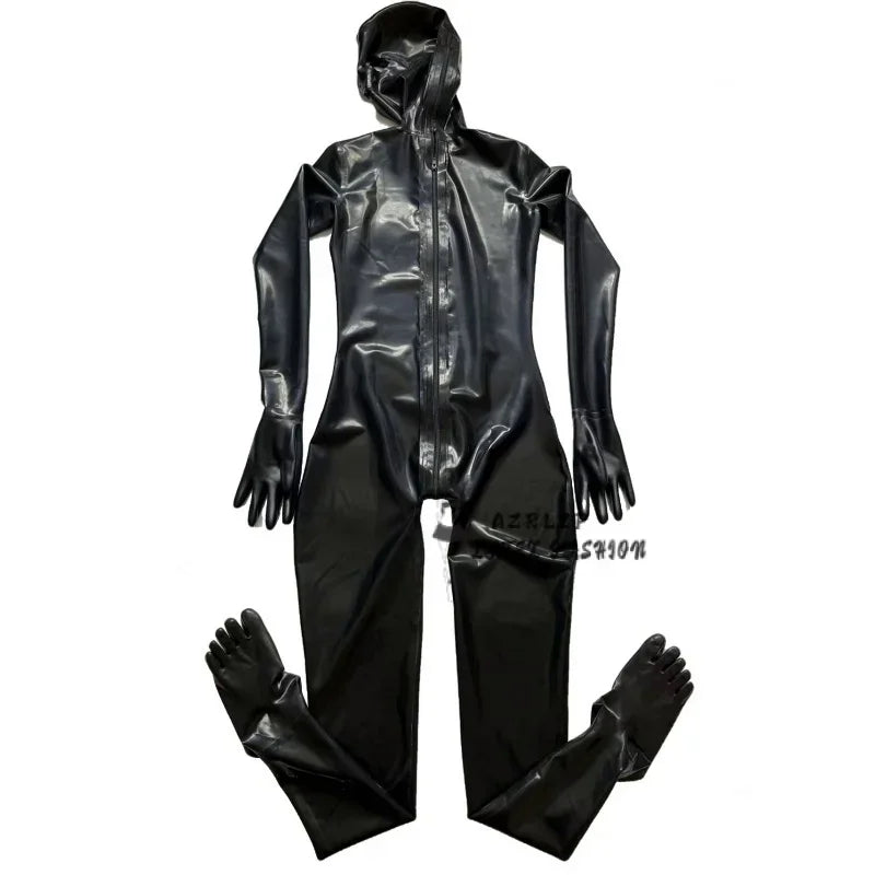 Black Latex Catsuit Rubber Coverall Zentai Bodysuit With Hood Gloves Toe Socks