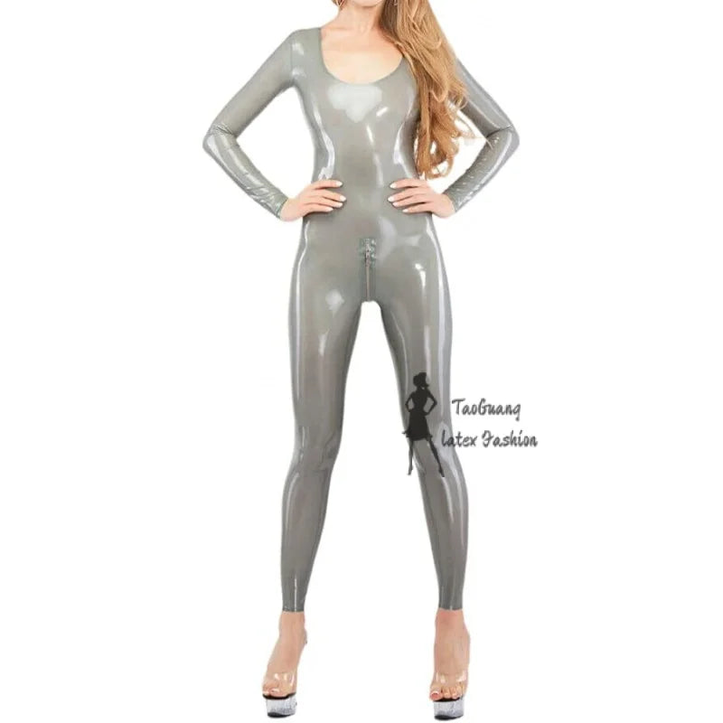 Silver Neck Entry Latex Catsuit Rubber Cosplay Bodysuit with Crotch Zipper