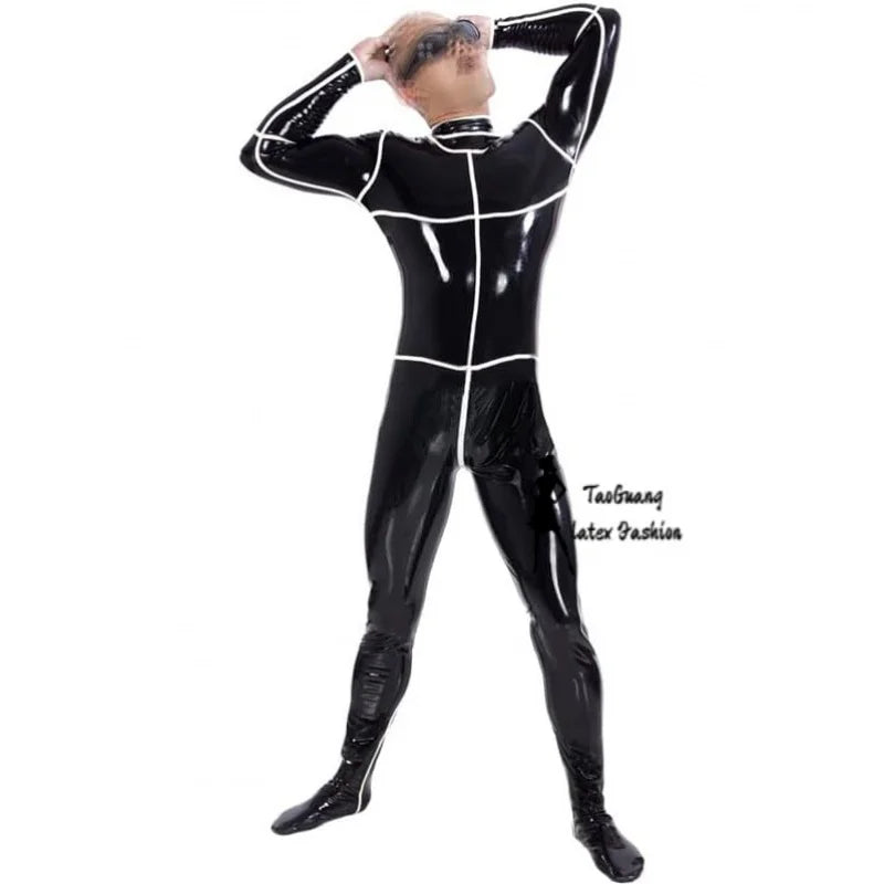 Fashion Black Latex Male Bodysuit with White Strips Fetish Rubber One Piece Plus Size Zentai Suit Adult Costumes for Man