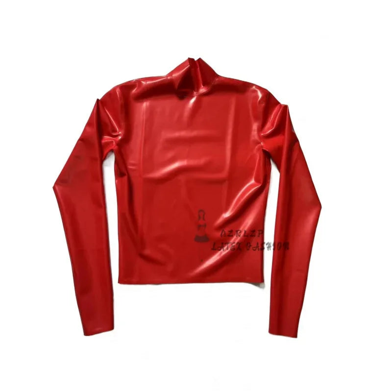 Red Latex Men Long Sleeves T-Shirt Soft Clothes Male Fetish Costume Classic Handmade Tops Rubber Shirt