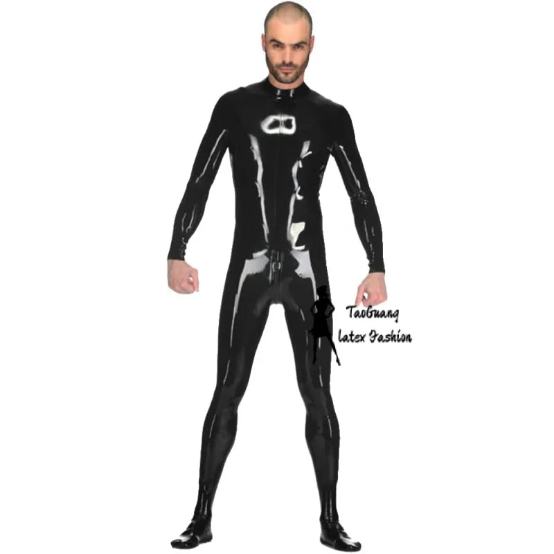 Handmade Black Men's Full Body Latex Tight Jumpsuit Rubber Catsuit Clothing with Crotch Zip