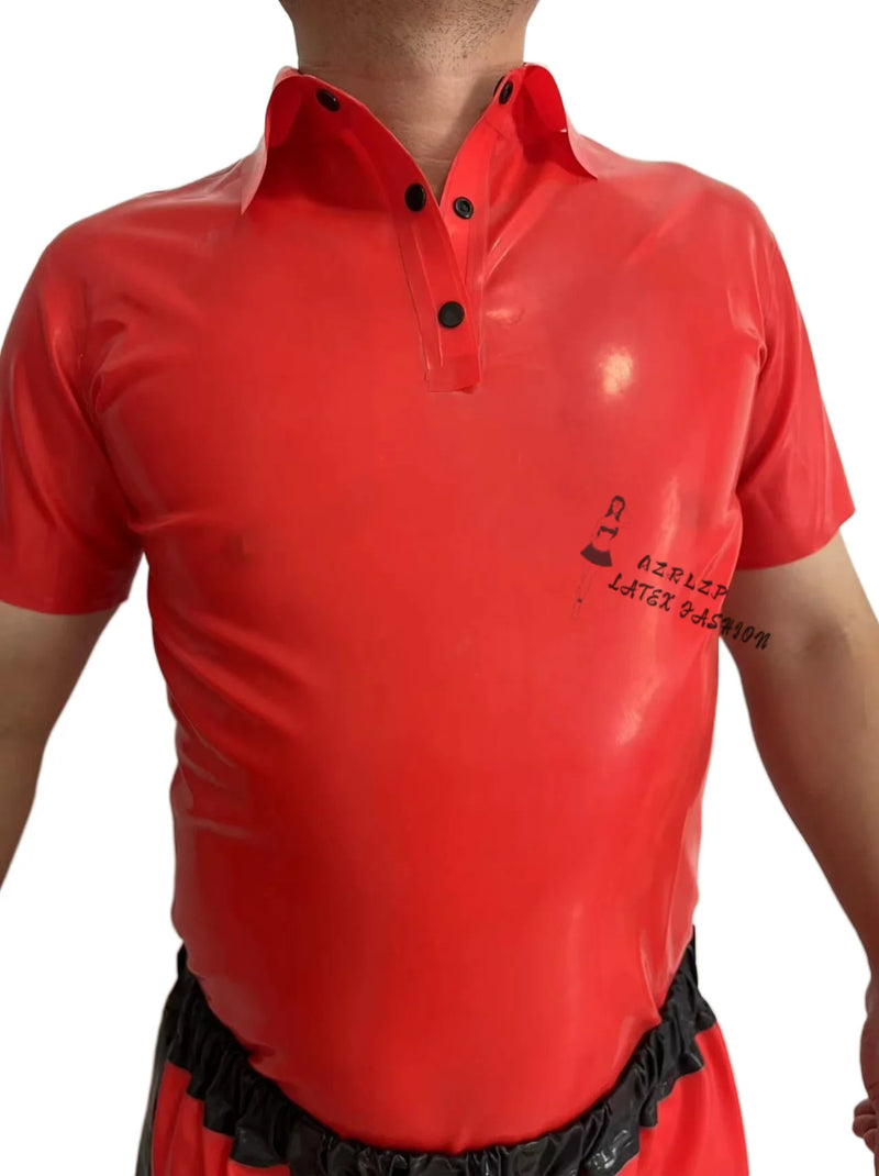 Latex Uniform Men Black Red Short Slevees Top and Medium Long Shorts Suit 0.4mm