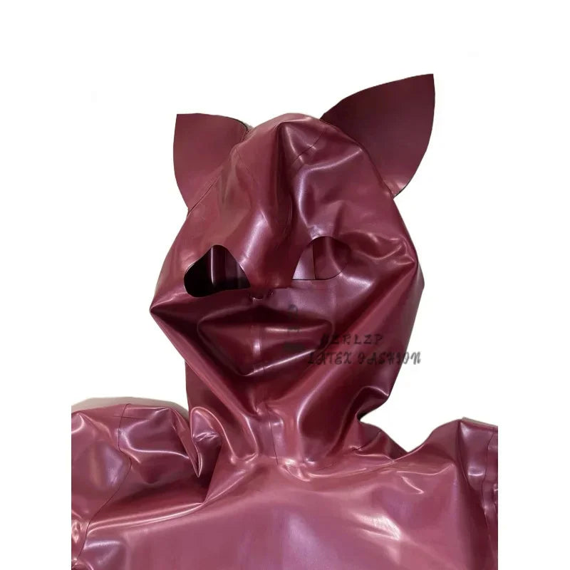 Latex Catsuit Bodysuit Full Cover Latex Suit With  Hood Glooves Socks Cat'S Ears Face Shield