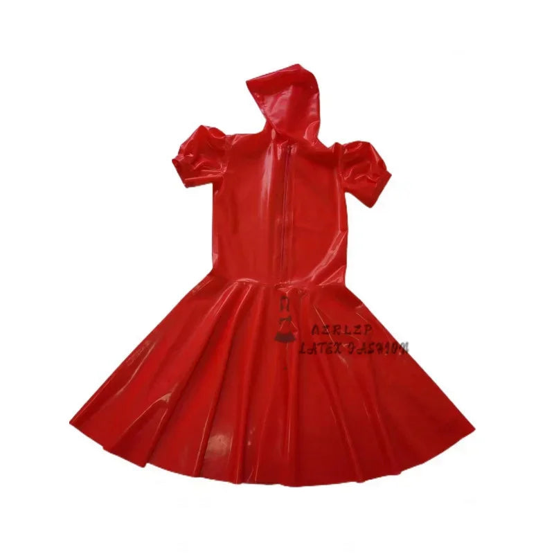 Red Sexy French Maid Latex Uniform with Buttons Front Trims Apron Rubber Dresses Outfits