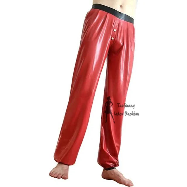 Red and Black Sexy Latex Pajamas Pants with Buttons Front Rubber Trousers Bottoms