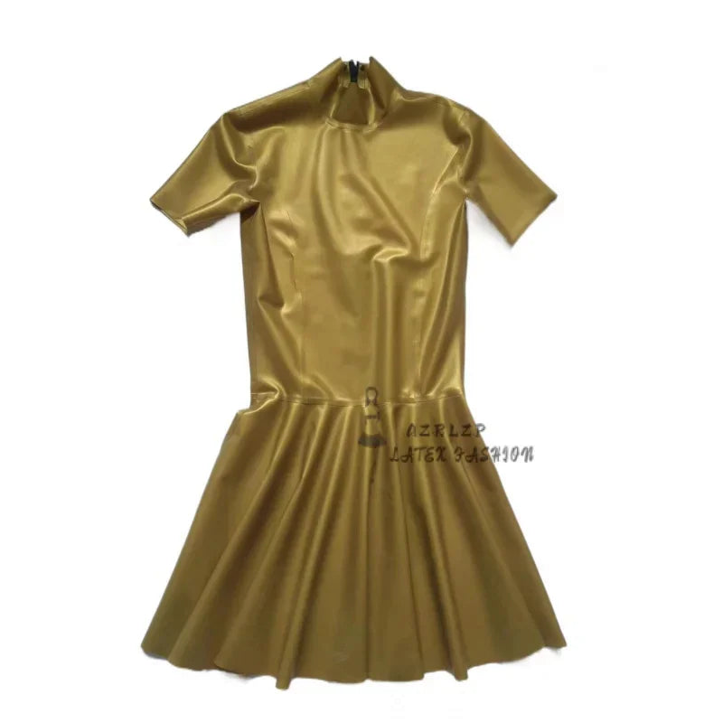 Sexy Gold Latex Dress Back Zipper Short Sleeves Rubber Uniform Bodycon Playsuit