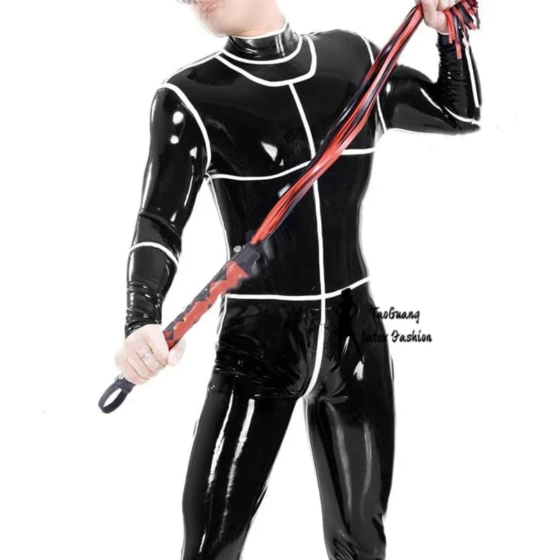 Fashion Black Latex Male Bodysuit with White Strips Fetish Rubber One Piece Plus Size Zentai Suit Adult Costumes for Man