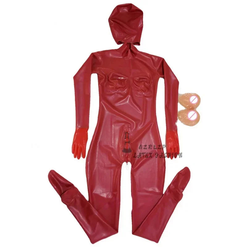 Sexy Men's Latex Full Body Bodysuit Rubber Bodysuit with Hood Silicone Chest Crossdresser with Crotch Zipper 0.4mm