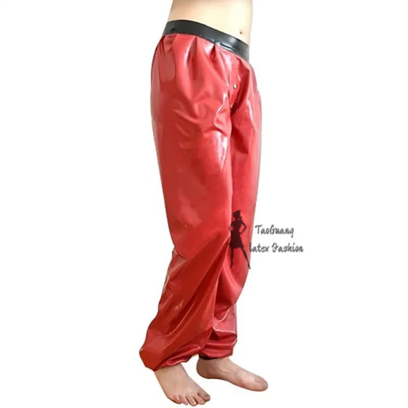 Red and Black Sexy Latex Pajamas Pants with Buttons Front Rubber Trousers Bottoms